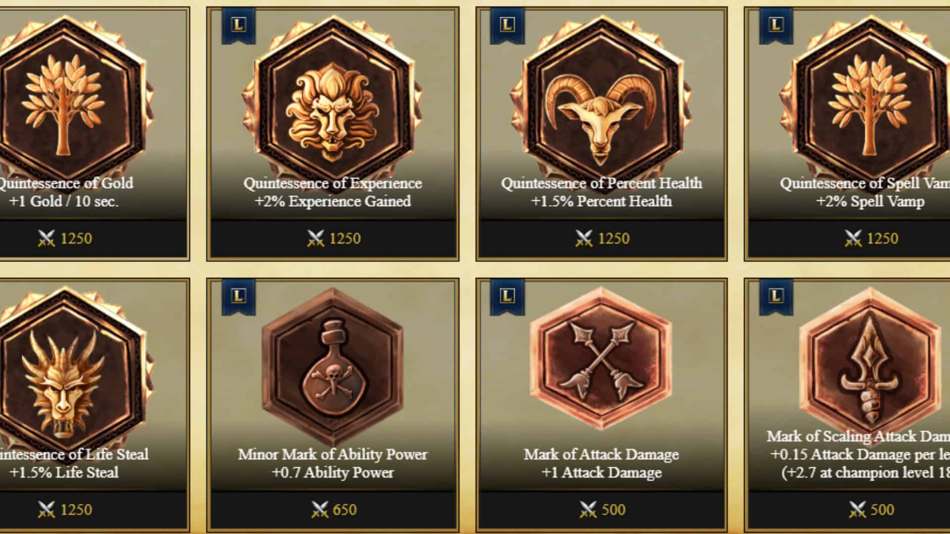 Runes and their influence points cost (ranging from 500 to 1250) in LoL Classic