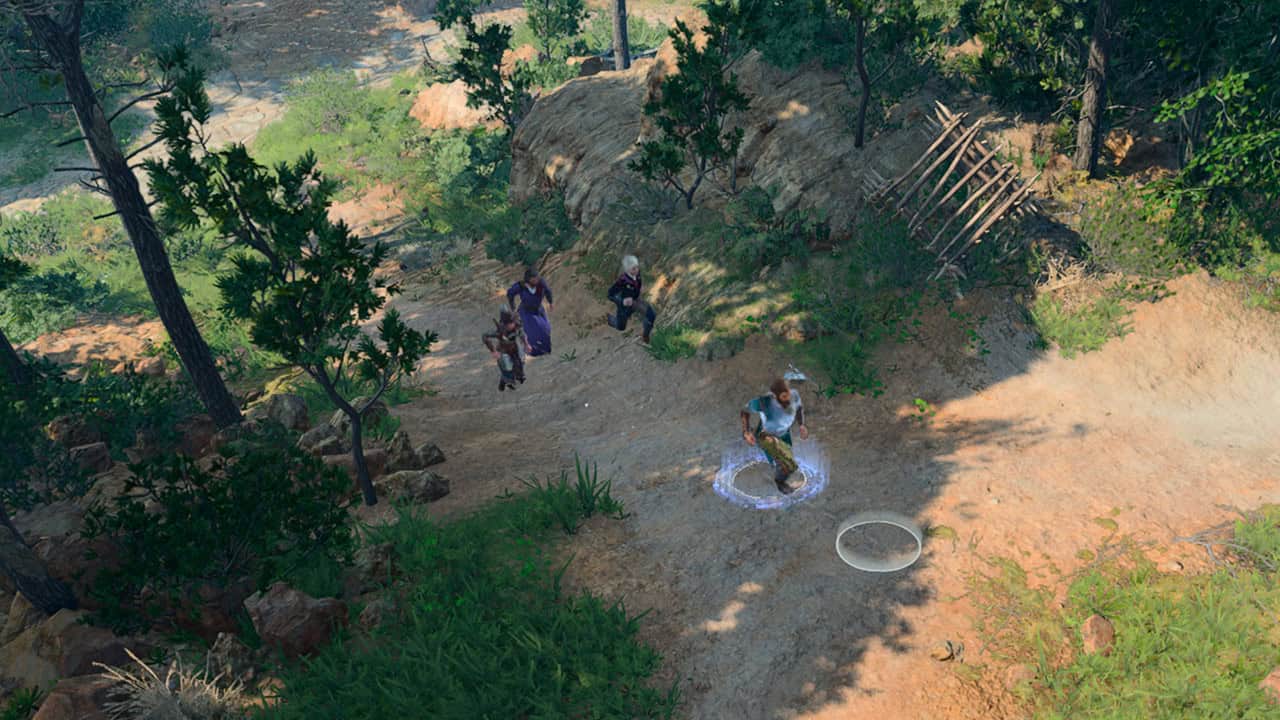 Some characters moving in a forest in Baldur's Gate 3
