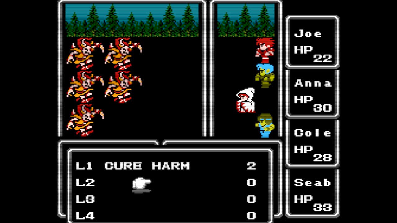 An image showing the battle system in Final Fantasy for the NES, focused on the layout of the spellcasting screen