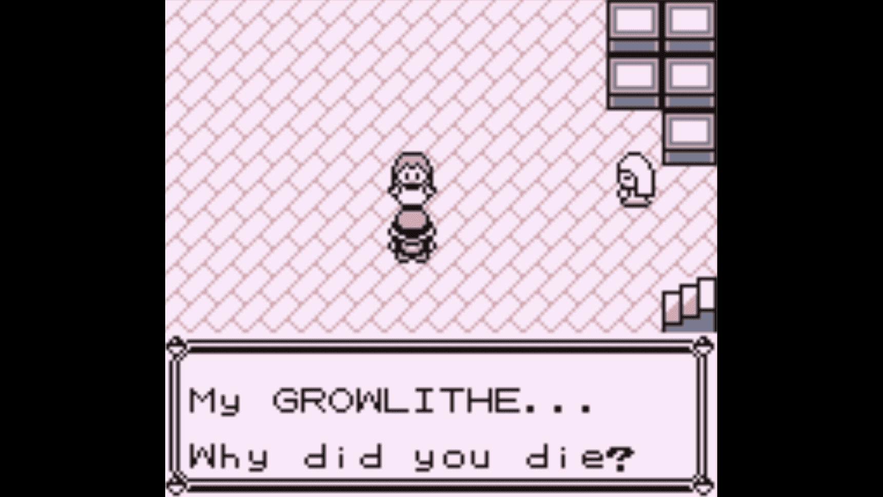 A character lamenting the death of their Growlithe