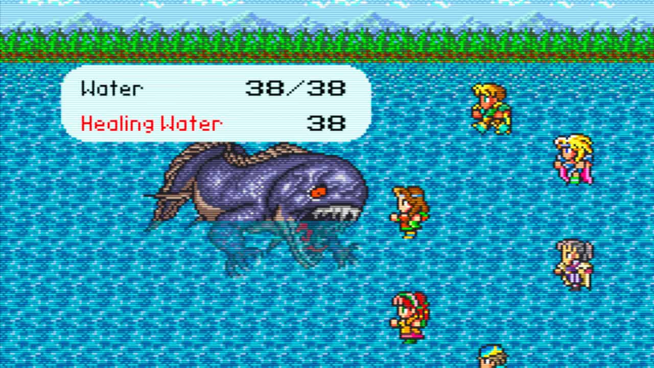 A battle on water in <em>Romancing SaGa</em>
