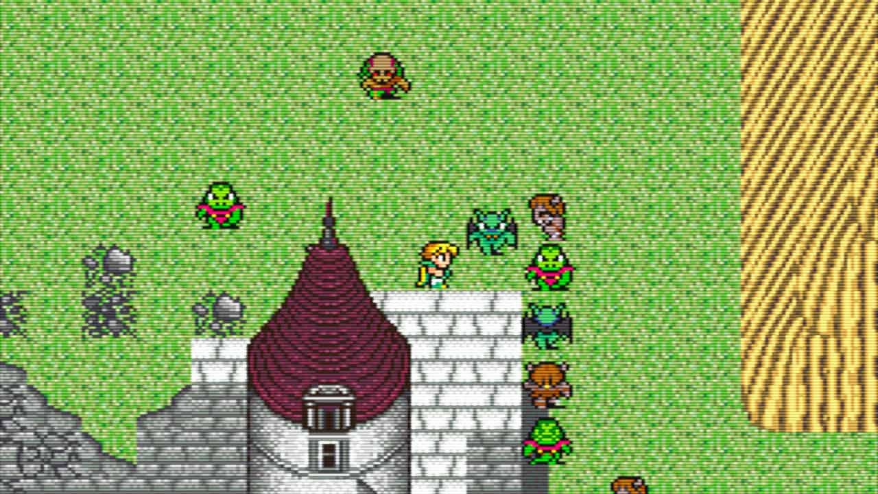 An image of a dungeon in <em>Romancing SaGa</em> where the player is surrounded by many monsters