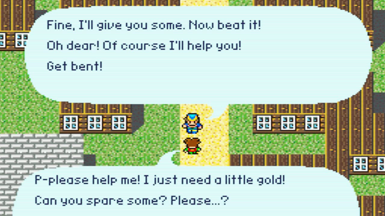 A screenshot from a town in <em>Romancing SaGa</em> where a beggar is asking the main character Jamil for money