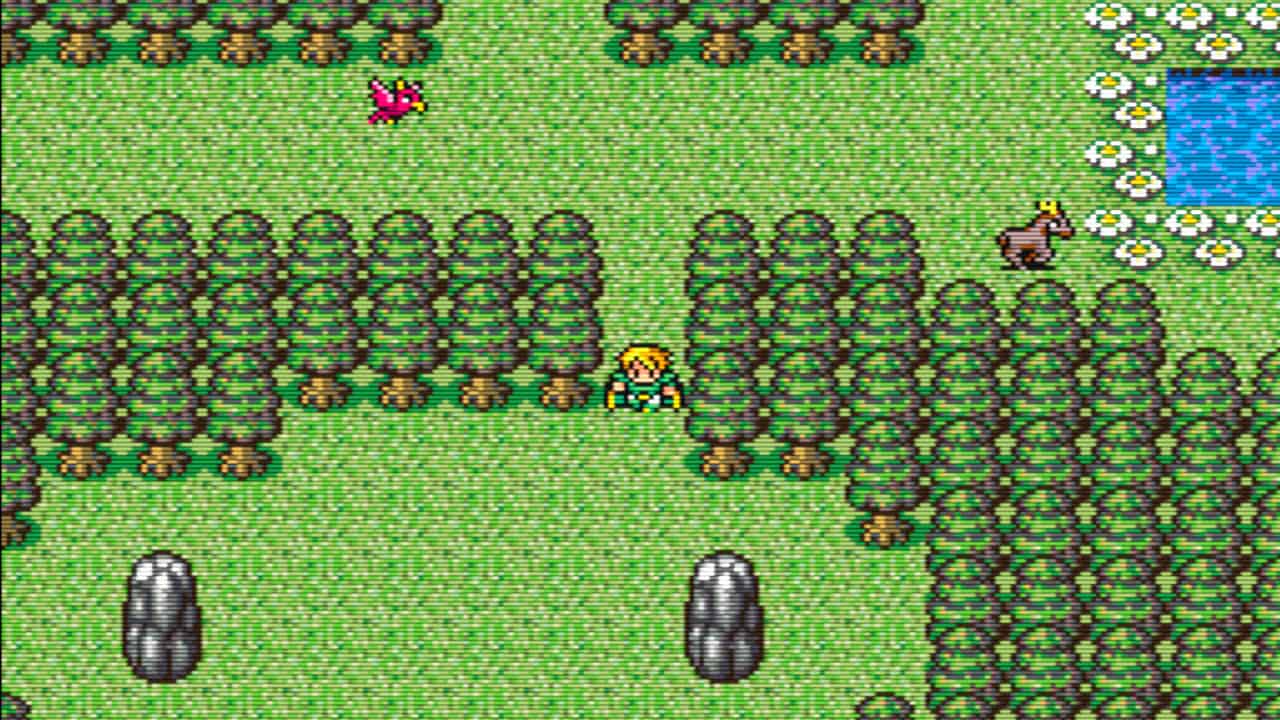 A screenshot of a pretty forest dungeon in <em>Romancing SaGa</em>