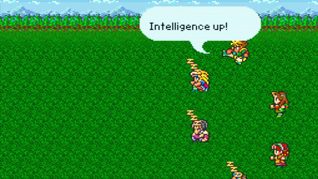 A <em>Romancing SaGa</em> battle screen with no enemies and a speech bubble reading "Intelligence up!"