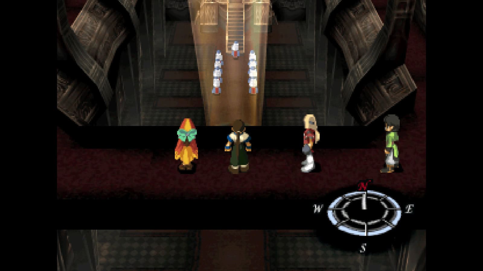 Looking down at nuns inside a church in Xenogears