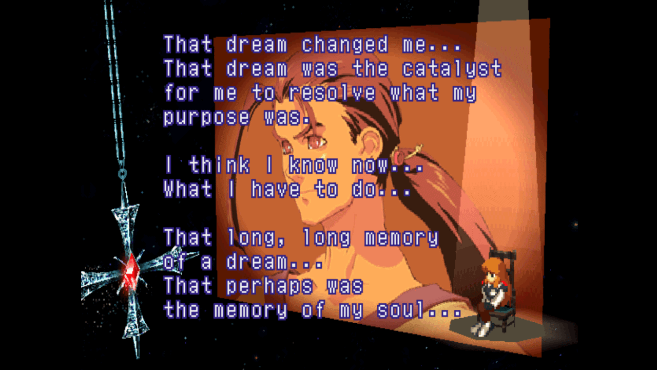 Elly sitting on a chair, with a square png of Fei behind her and a pendand swinging to the left of her. Text about a dream covers the whole screen.