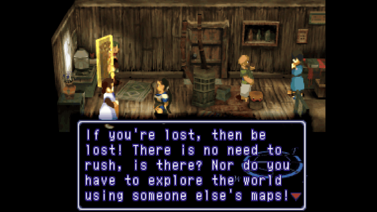 A Xenogears NPC saying that it's ok to get lost and not use someone else's map