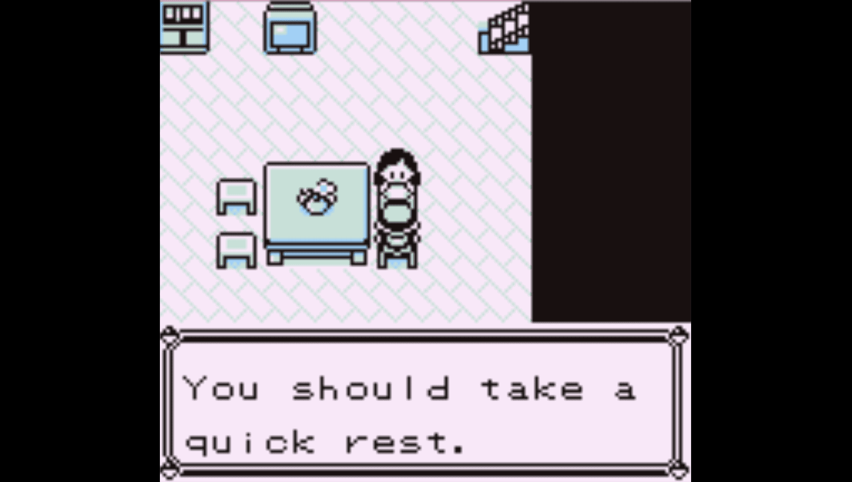 A screenshot of Pokemon Red for the Game Boy, featuring the player character in their home talking to their mother. Dialogue from their mother says: "you should take a quick rest."