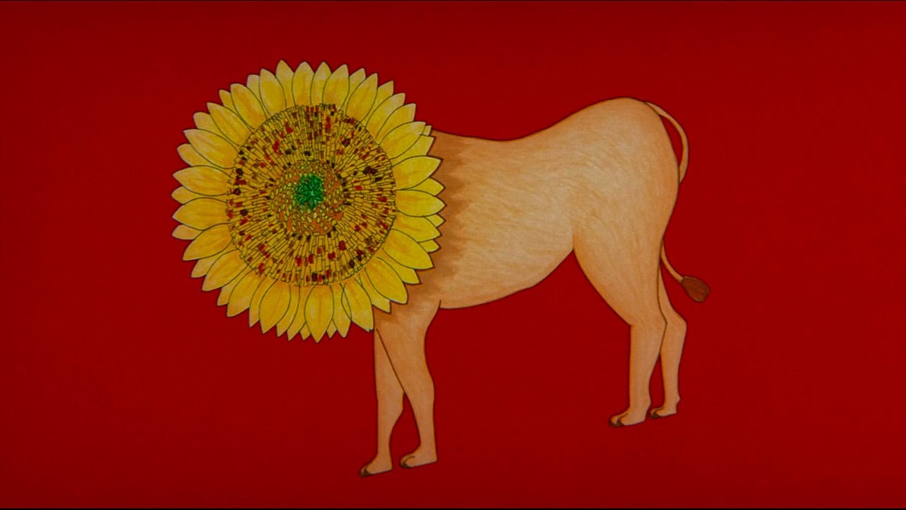 A painting of a lion with a sunflower for a head with a red background