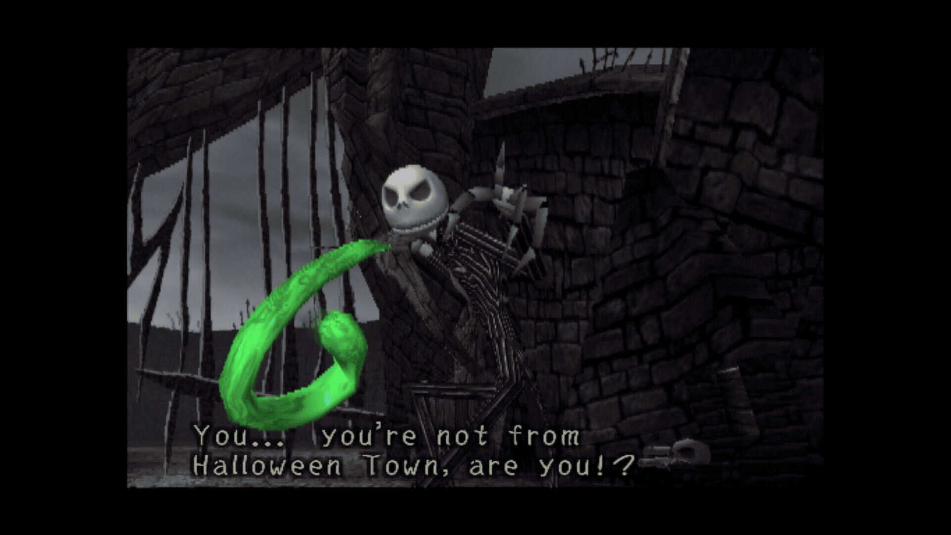 A screenshot of The Nightmare Before Christmas: Oogie's Revenge, depicting Jack looking directly at the camera, **SOUL ROBBER** in hand, saying "You... you're not from Halloween Town, are you!?"
