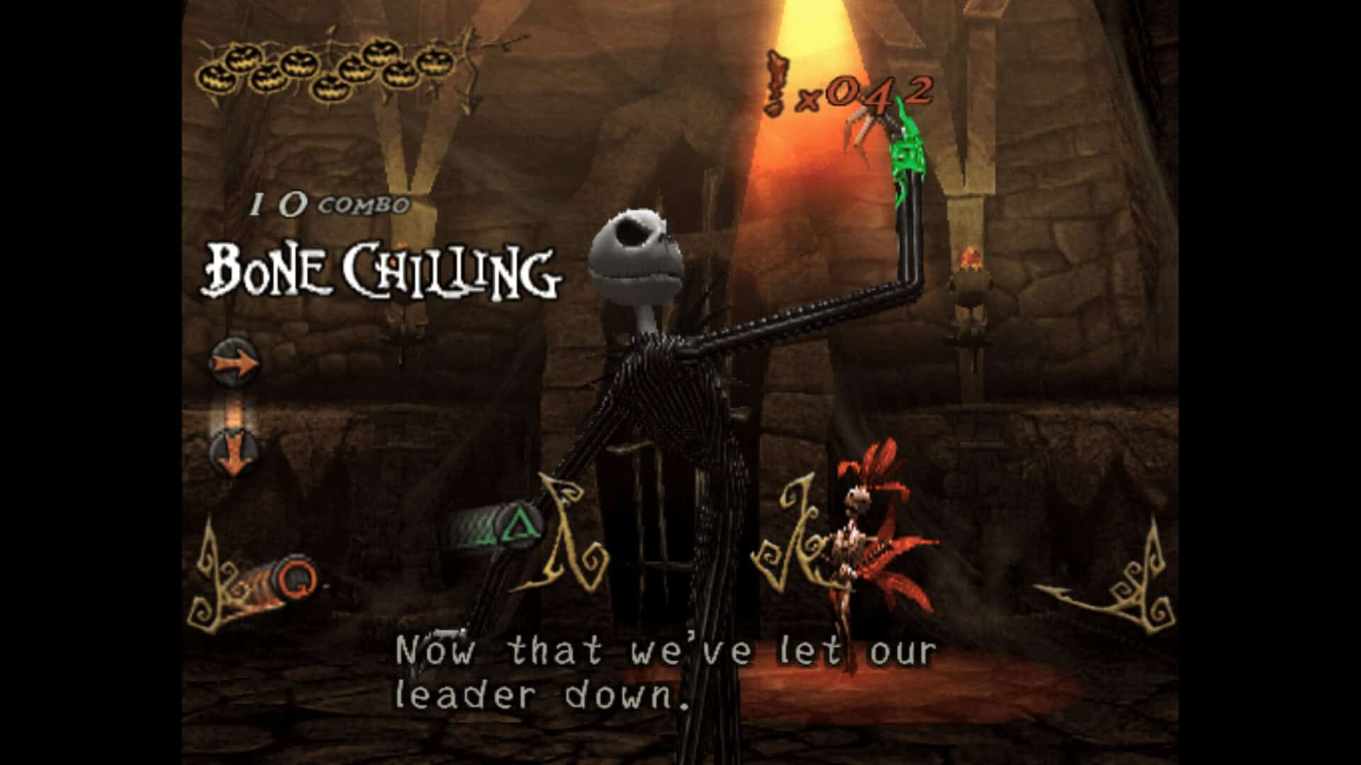 A screenshot from Oogie's Revenge, showing the rhythm minigame used to deal major damage during boss fights. Jack Skellington is fully in frame, and things seem to be going pretty well so far.