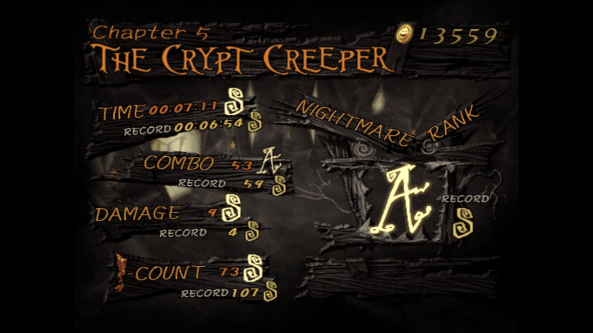 A screenshot of the end of chapter rank screen in Oogie's Revenge. The 'combo' category is only at an A rather than an S, dragging down the Nightmare Rank to an A despite everything else being at S Rank.