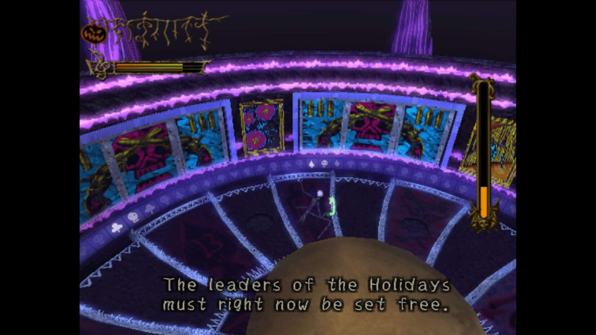 A screenshot of a boss fight in The Nightmare Before Christmas: Oogie's Revenge. Lyrics at the bottom state "The leaders of the Holidays must right now be set free."
