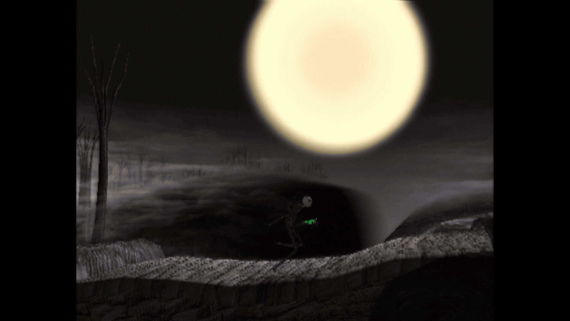A screenshot of The Nightmare Before Christmas: Oogie's Revenge. The player is running across an outstretched Spiral Hill, with the full moon visible and large in the background.