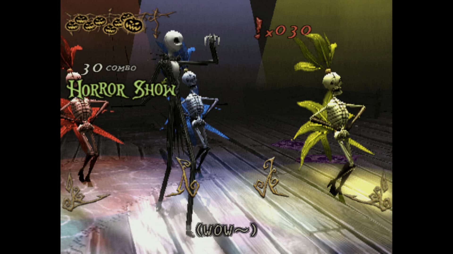 A screenshot of the rhythm minigame in The Nightmare Before Christmas: Oogie's Revenge. Visible (hopefully) behind Jack are three skeletal backup dancers, coloured in blue, red, and yellow, and wearing somewhat provocative outfits.