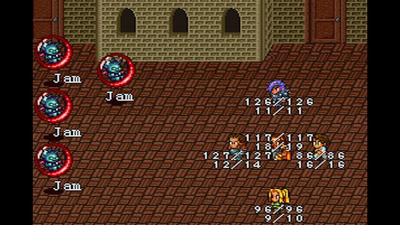A battle in Romancing SaGa 2 on a Super Nintendo emulator