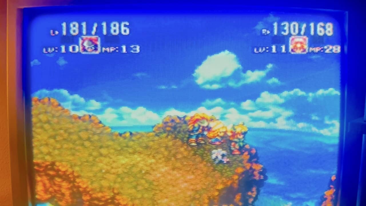An image of characters in Trials of Mana for the Super Nintendo on a CRT