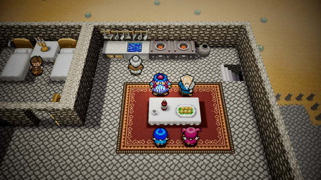 Torneko at a table in his house, upstairs from his bigger shop