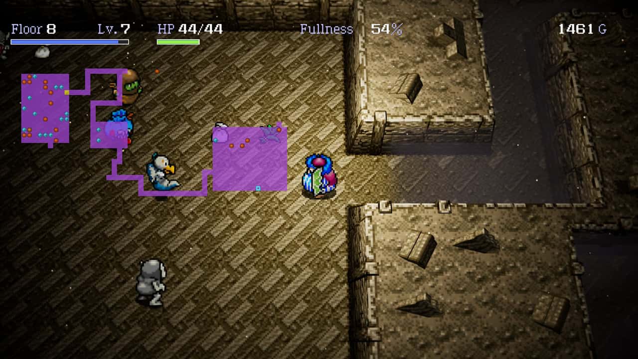 Torneko in a stone dungeon with two enemies closing in