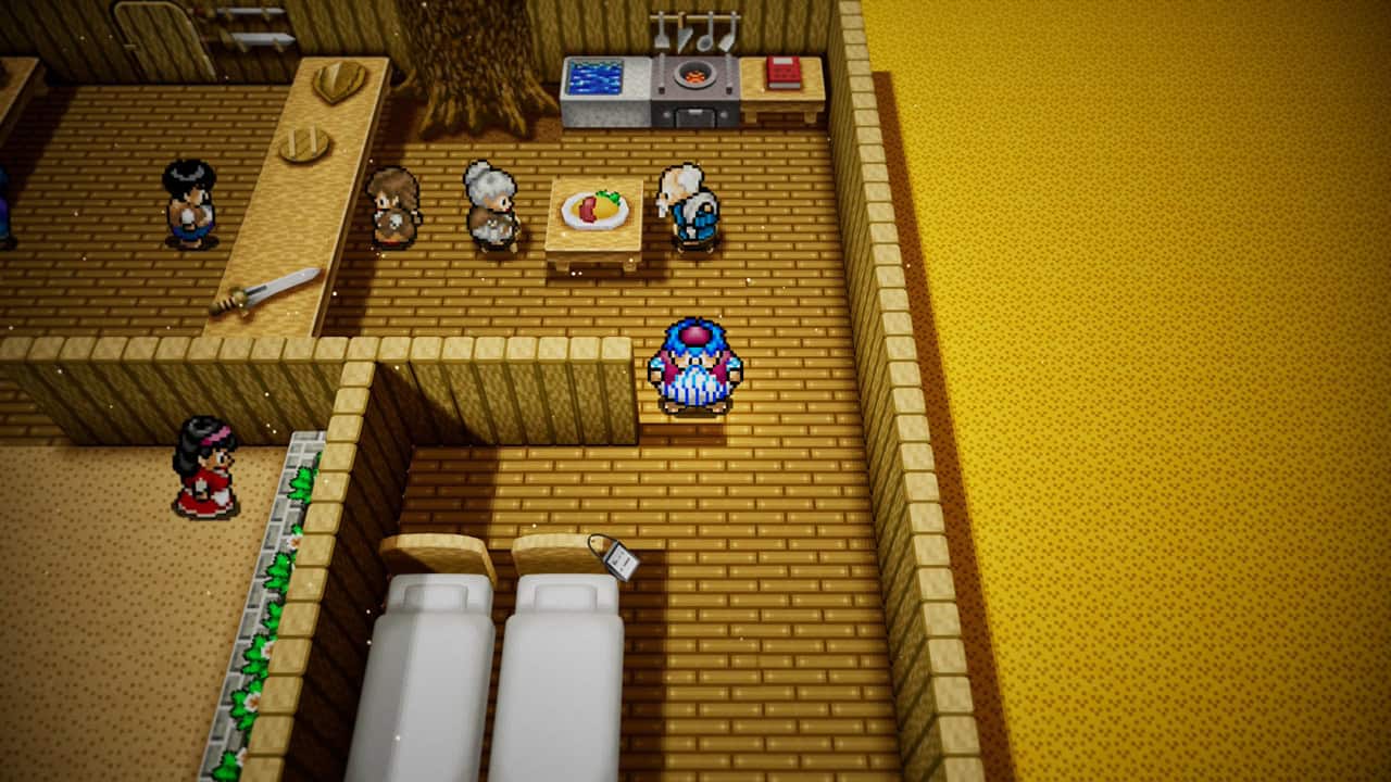 Torneko in his shop, with an old couple sitting at a table