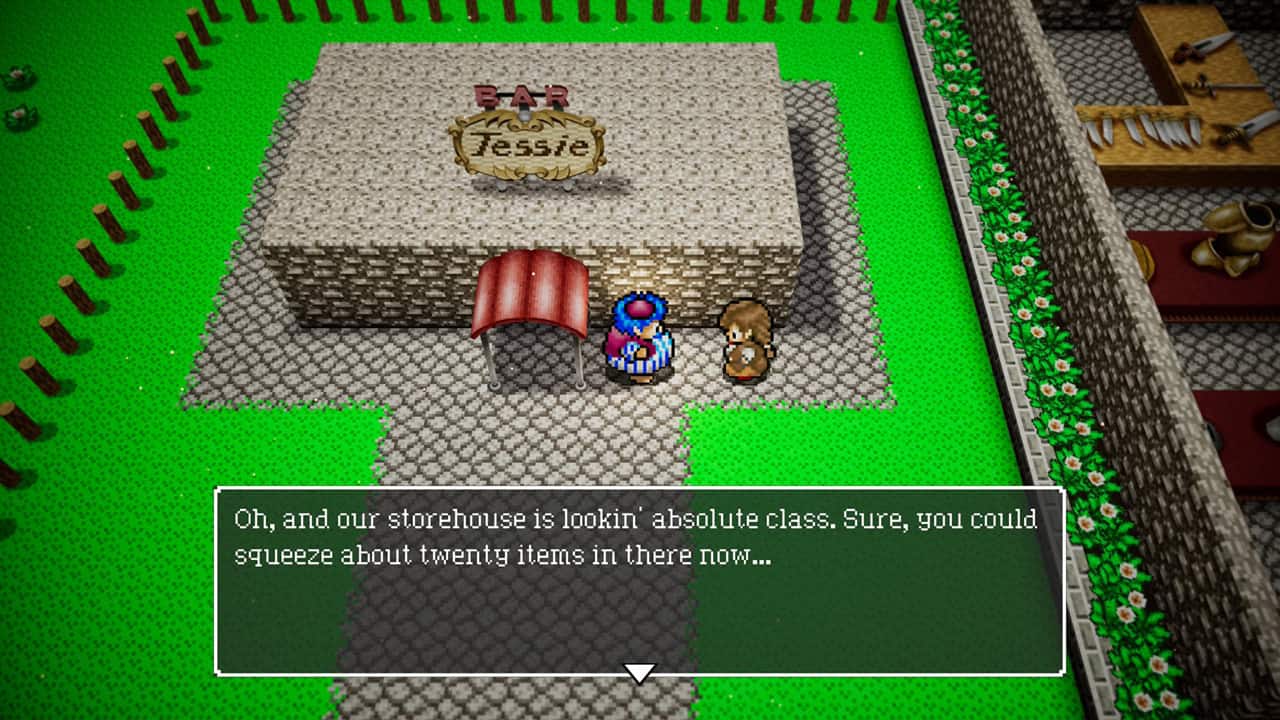 Torneko outside of a stone building speaking to his wife about how many items can be stored now