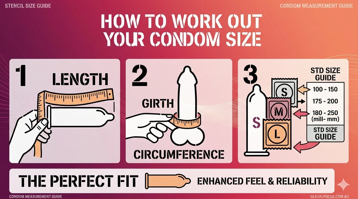 How to Work Out Your Condom Size Guide Infographic guide on how to measure condom size, showing steps for length, girth/circumference, and matching packet sizes for a proper fit.