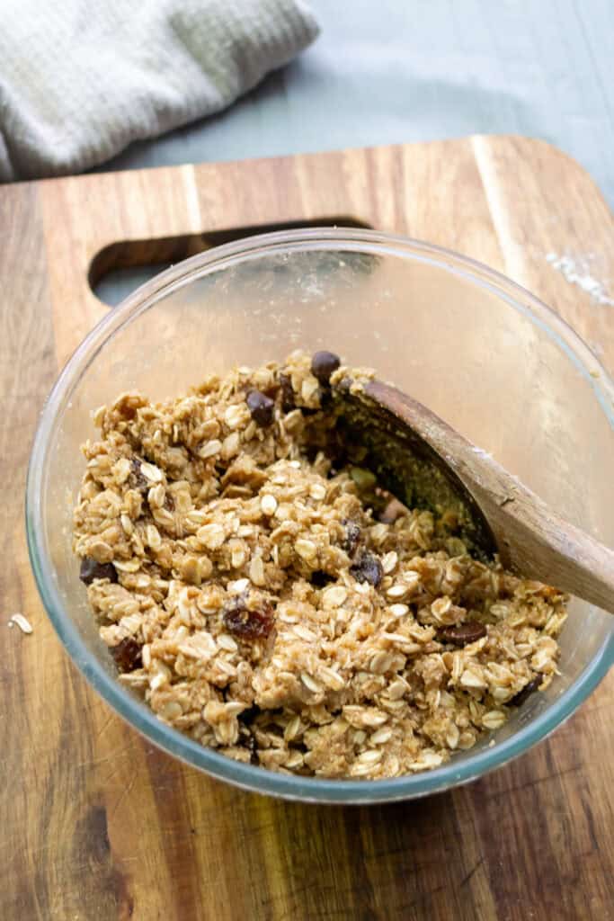 oatmeal raisin chocolate chip cookie dough in bowl