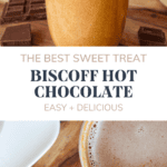 Rich hot chocolate in cozy mugs with broken chocolate pieces and bar on wooden surface, delicious sweet treat, easy recipe, comforting beverage, warm winter drink, Simply Fresh Foodie.