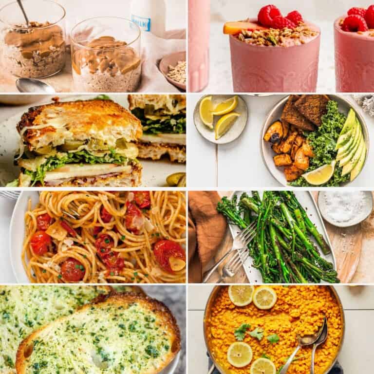 Butter pecan ice cream, strawberry smoothie, grilled chicken sandwich, roasted vegetables, spaghetti with cherry tomatoes, sautéed broccolini, garlic bread, lentil soup.