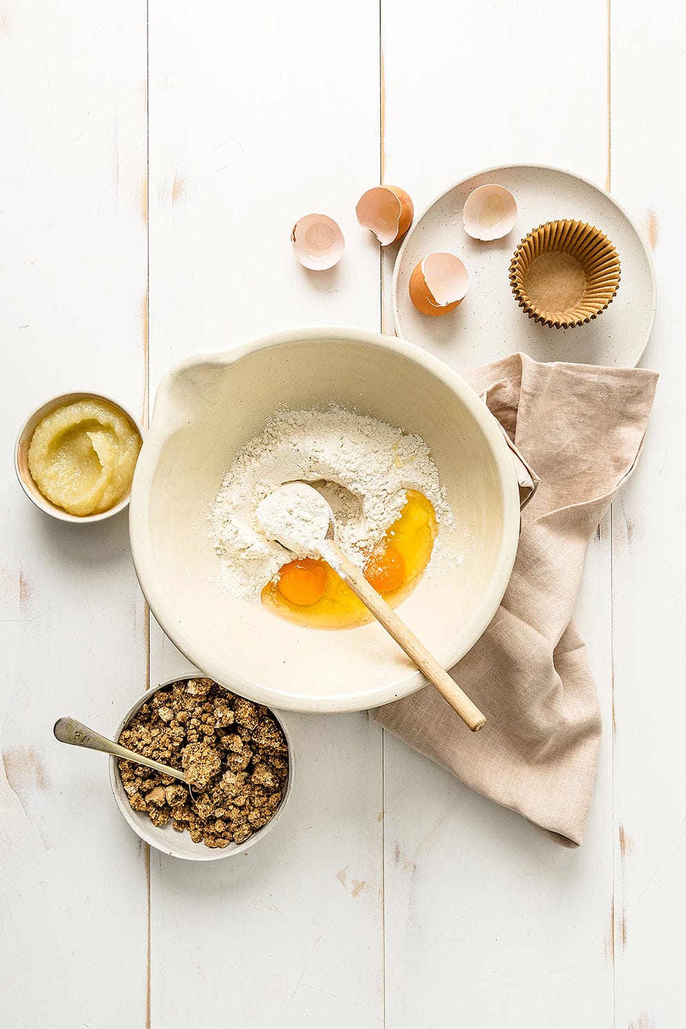 Overhead shot of ingredients for coffee cake muffins and crumb topping.