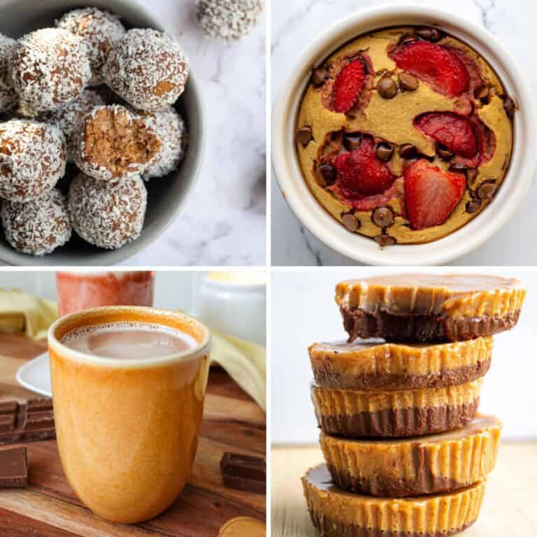 Crunchy coconut-coated energy bites on a white bowl; rich, smooth peanut butter cup with strawberries and chocolate chips; hot creamy mug of coffee or hot chocolate; delicious four-layer caramel and chocolate candies.