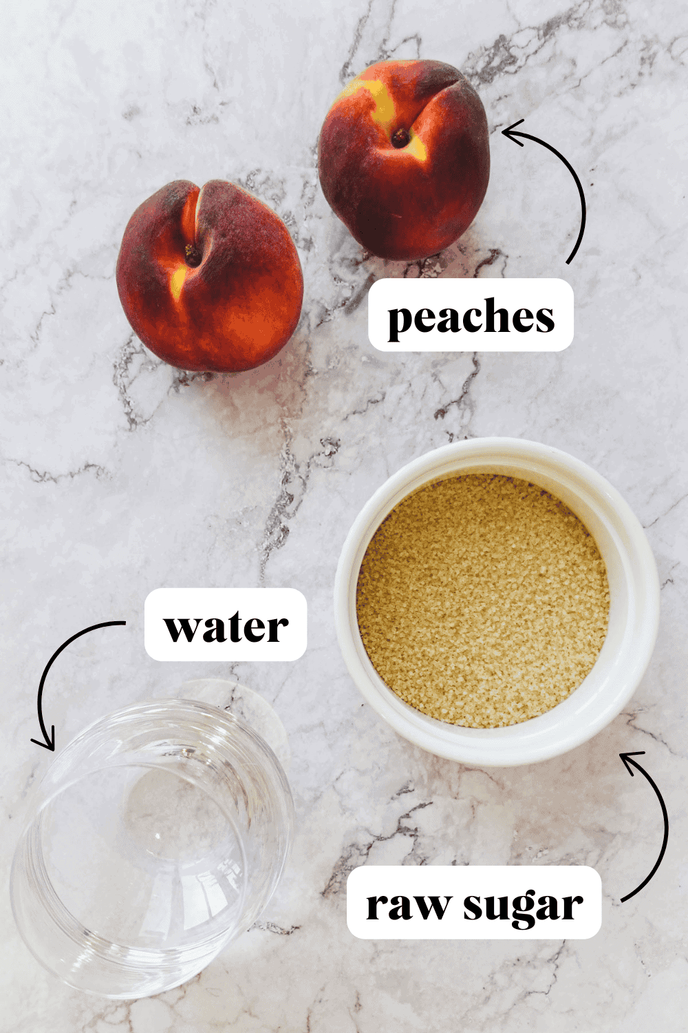 Overhead shot of peach syrup ingredients (with labels) including peaches, sugar and water.