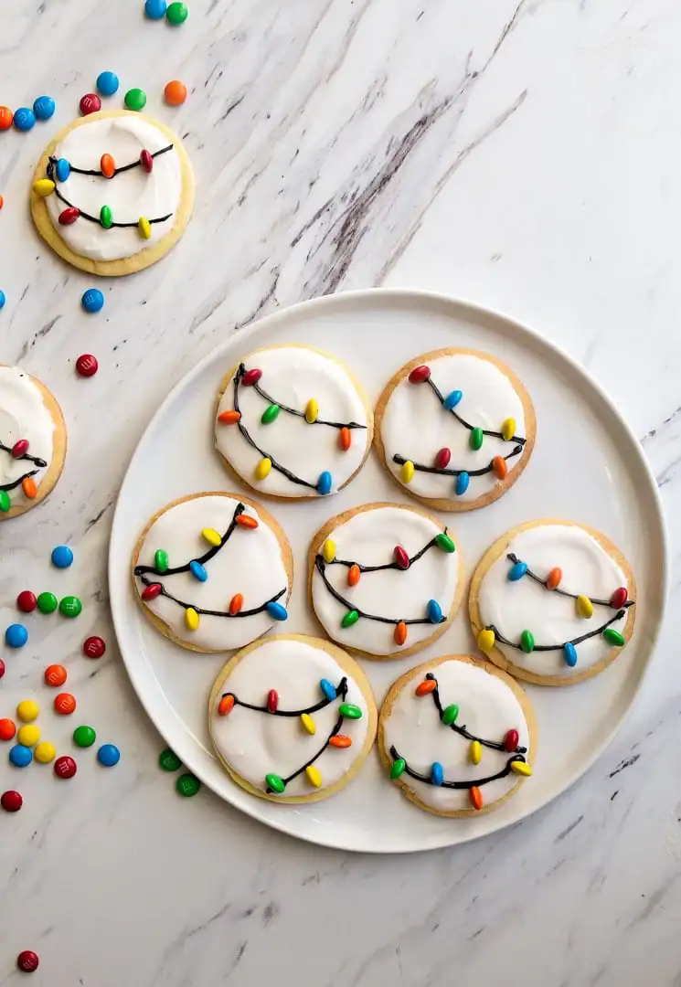 Overhead view of Christmas lights cookies, perfect for a Stranger Things watch party.