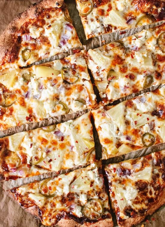 Overhead view of pineapple and jalapeño pizza.