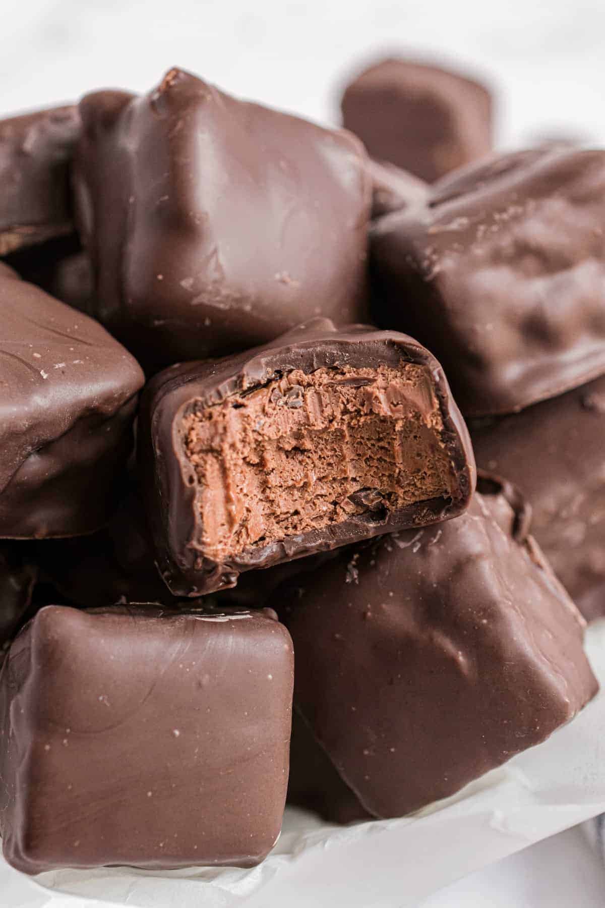 Cross-bite view of a homemade Three Musketeers bar.