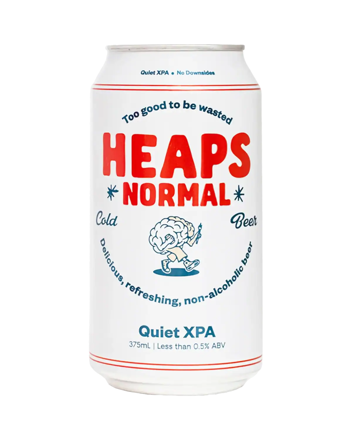 Heaps Normal Quiet XPA non-alcoholic beer can with a white background and colorful text, promoting a refreshing, alcohol-free beverage.