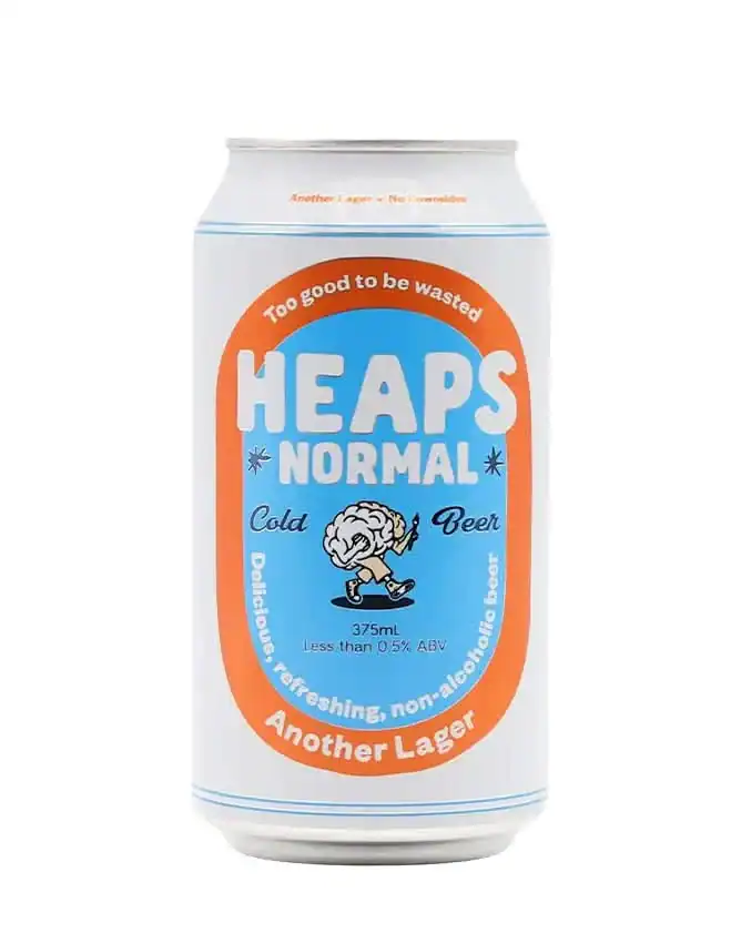 A 375ml can of Heaps Normal Cold Beer with a blue and orange label, featuring a cartoon brain character and the slogan "Too good to be wasted".