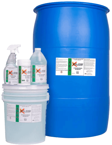 Highly concentrated cleaning chemicals in bottles and containers for industrial use.