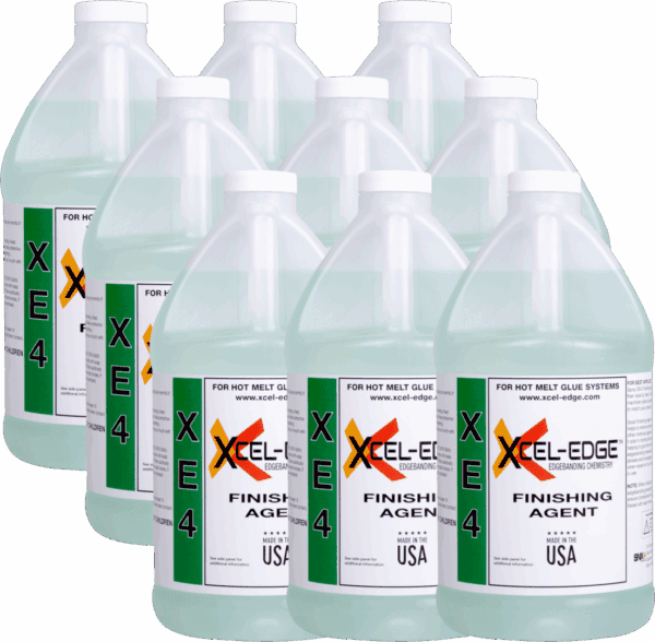 Bottles of hot melt glue adhesive for industrial use, highlighting edge bonding and finishing applications.