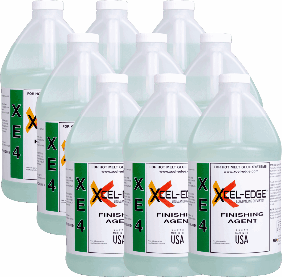 Bottles of hot melt glue adhesive for industrial use, highlighting edge bonding and finishing applications.