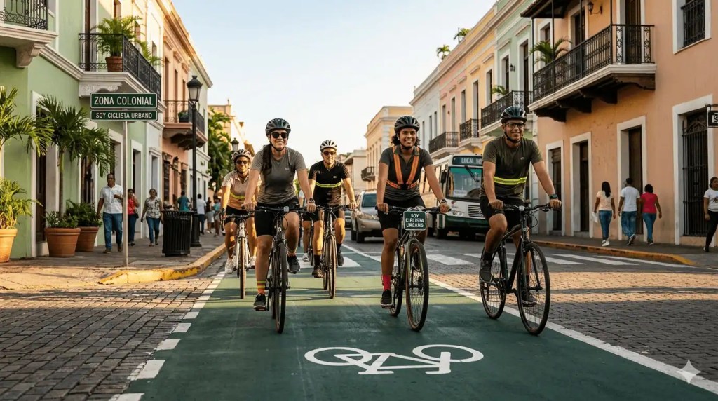 Grupo de ciclistas urbanos equipados con cascos rodando por la ciclovía verde de la Zona Colonial en Santo Domingo, República Dominicana.