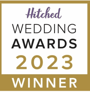 Hitched Wedding Awards 2023 Winner badge with gold and white design.