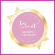 Wedding directory badge with pink and gold design for Tip the Knot.
