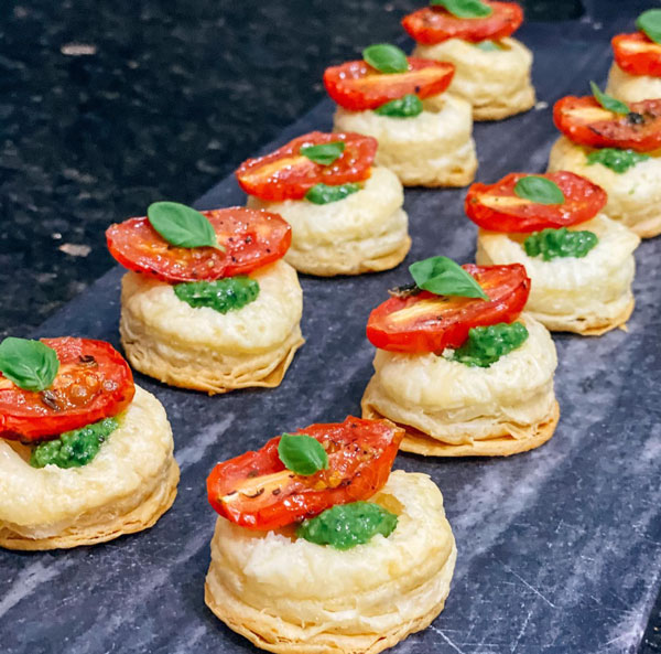 Cheese, Tomato & Pesto Puff Canapes