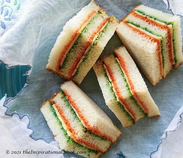 Tricolour,ย Double Decker Triangle Tea Sandwiches