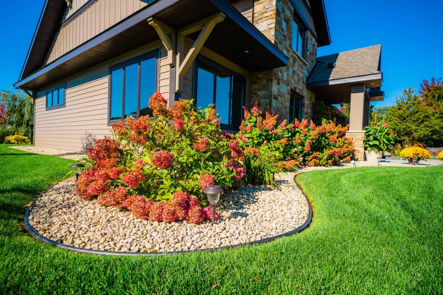 Beautiful landscaped lawn with vibrant flowers and well-maintained grass.