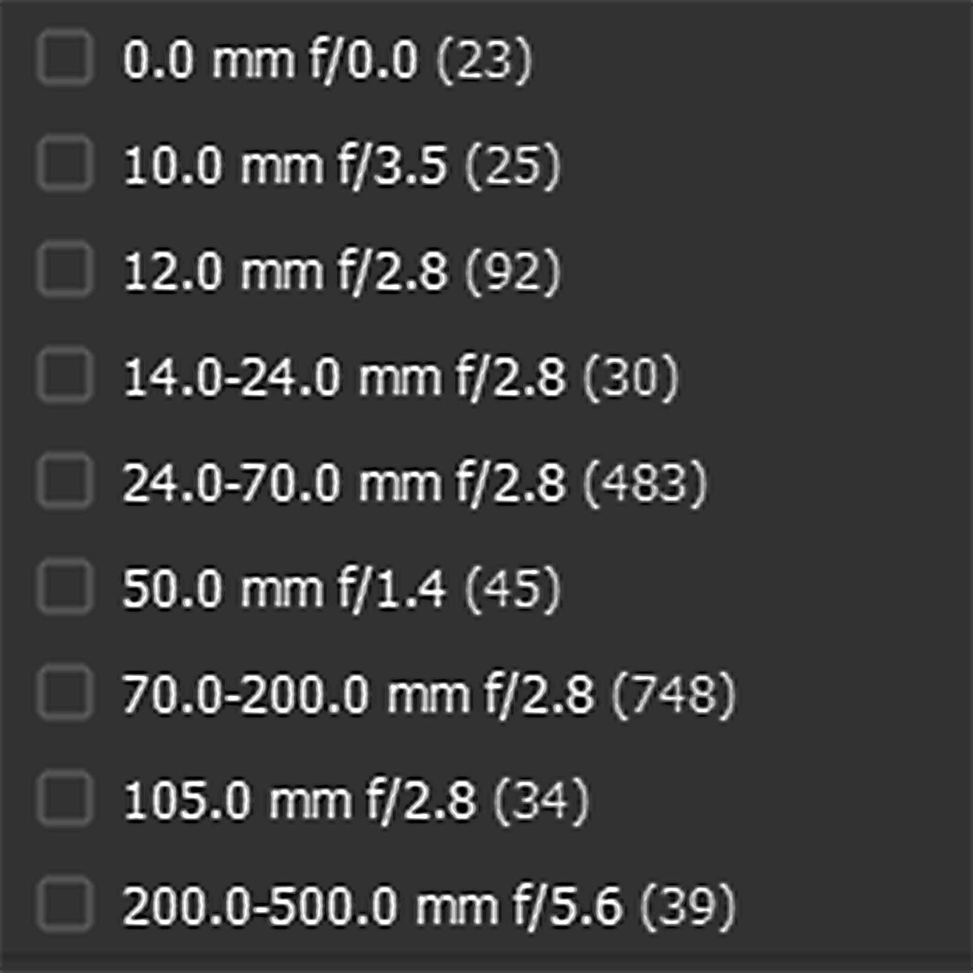 Oxfordshire wedding London photographer lens usage chart from Adobe Bridge