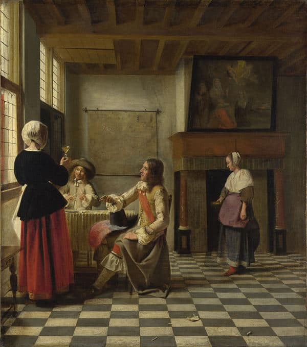 n Interior, with a Woman drinking with Two Men, and a Maidservant, Pieter de Hooch, c. 1658, Oil on canvas, 73.7 x 64.6 cm., National Gallery, London