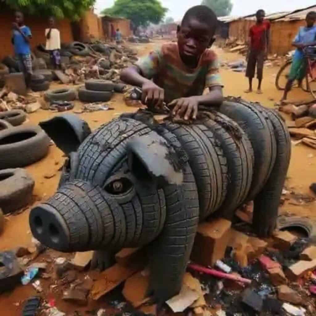 car tyre boy carving pig African